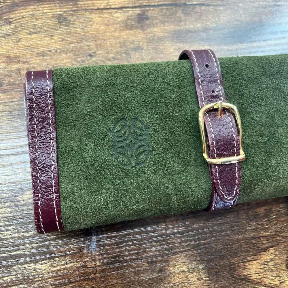 Vintage Green Suede Brown Leather Travel Jewelry Roll Case Old Money Timeless